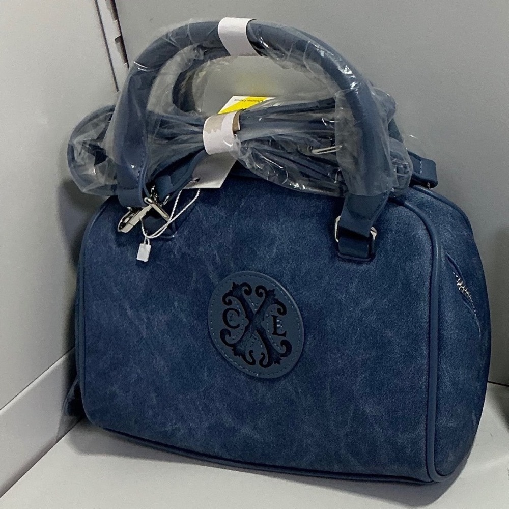 Christian Siriano Blue Distressed Denim Look Satchel Crossbody Handbag 3459